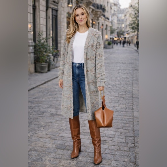 Sweaters - 74. Multicolor Aztec grey gray Cozy duster fuzzy hood cardigan Sweater